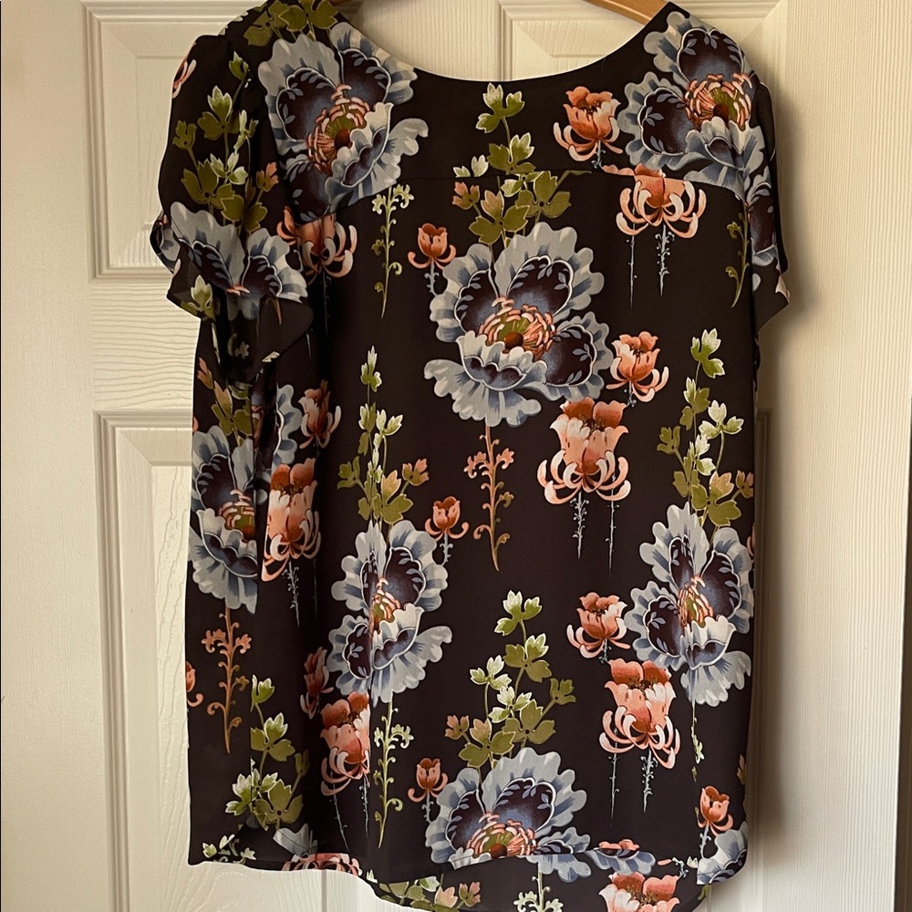 LOFT Black Floral Blouse with Pink and Green Accents
